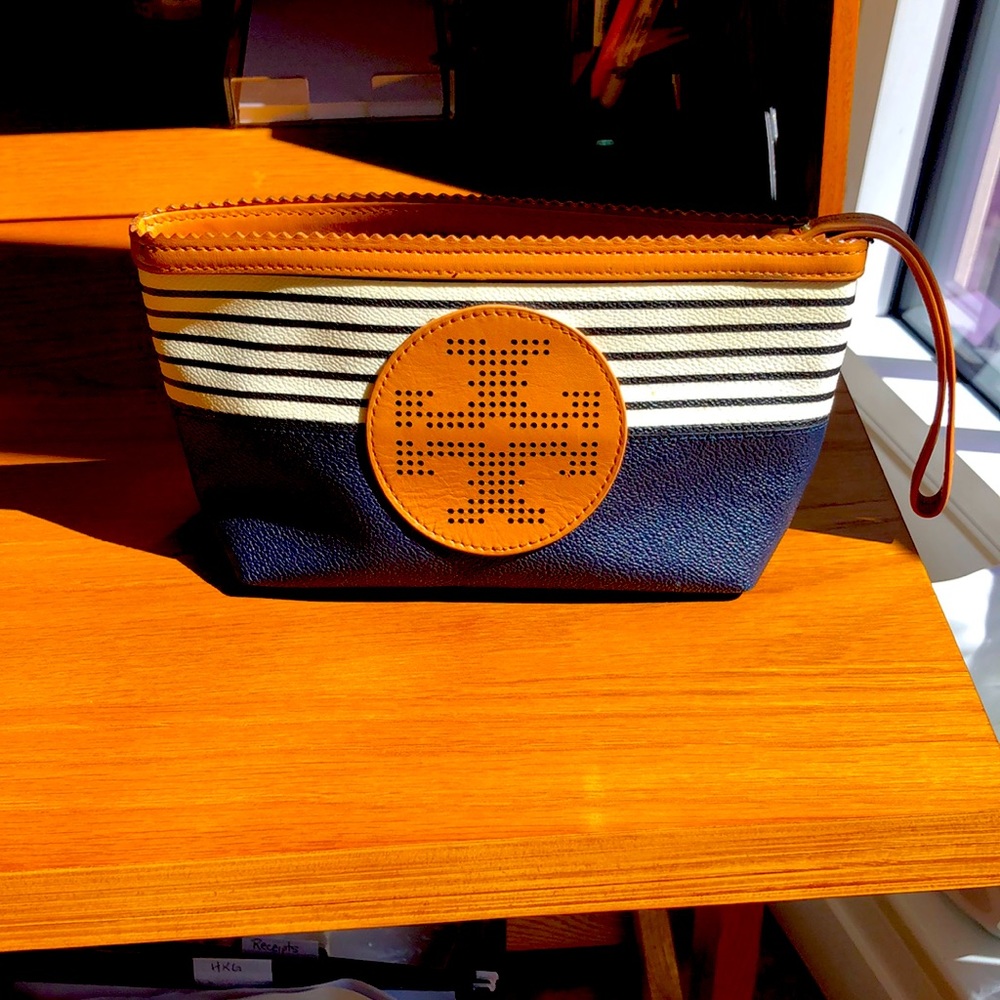 Tory Burch leather clutch- navy/navy stripe